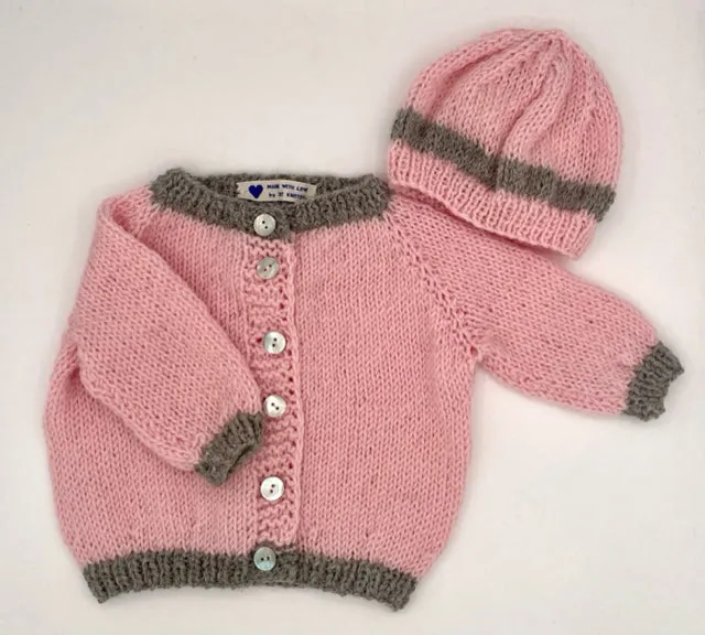 0-6 M Pink and Gray Wool Knit Cardigan with Beanie