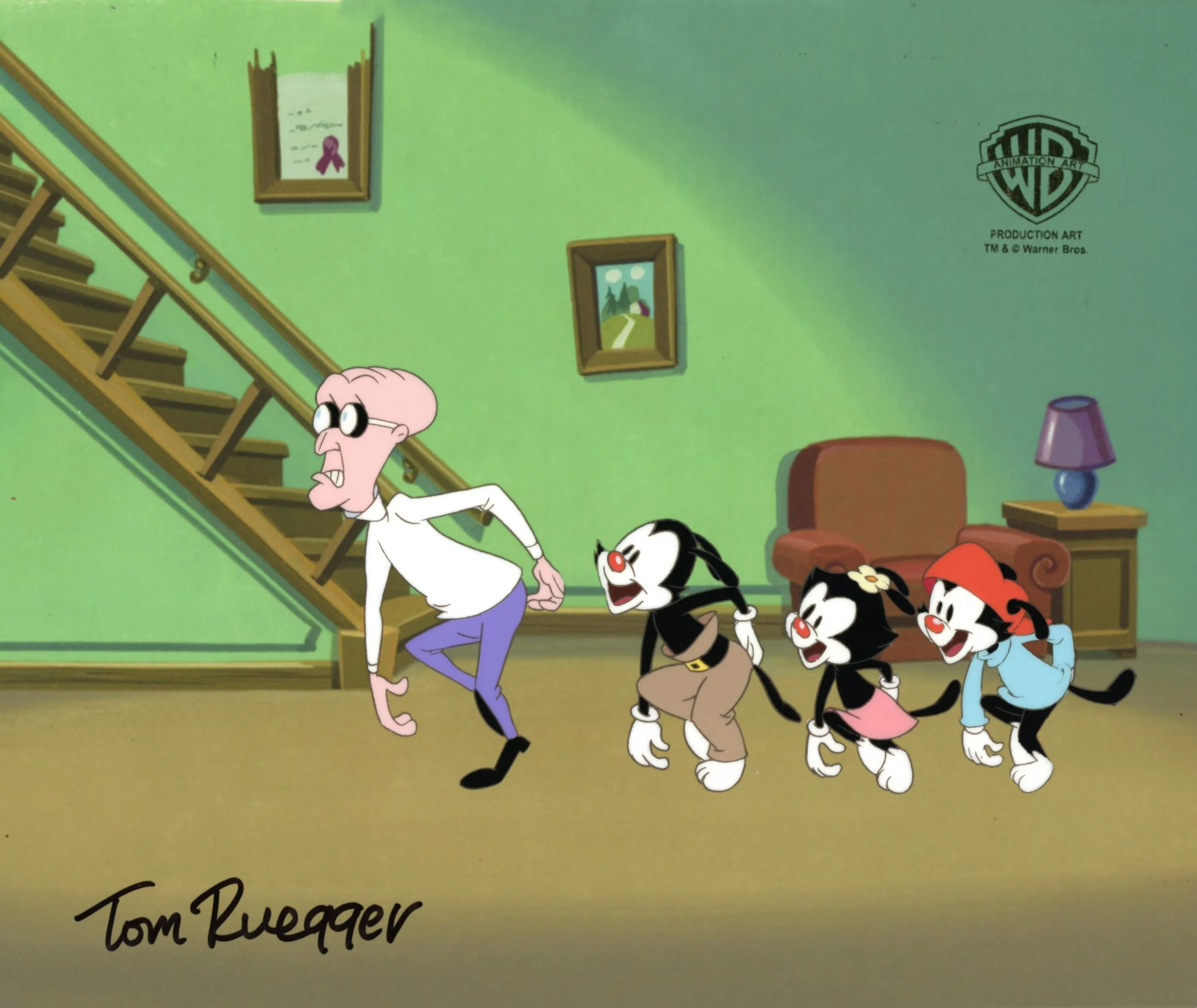 Animaniacs Original Production Cel with Matching Drawing: Dr. Scratchansniff, Yakko, Wakko, Dot