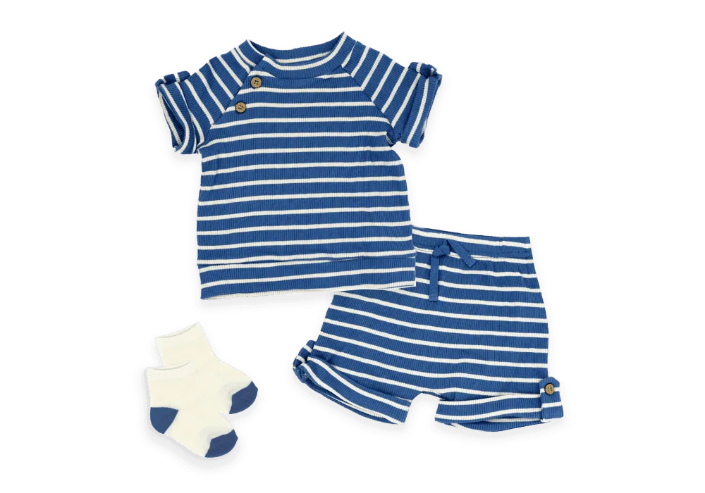 Baby Mode Boys NB 3 Piece Ribbed Short Set: Blue Stripe