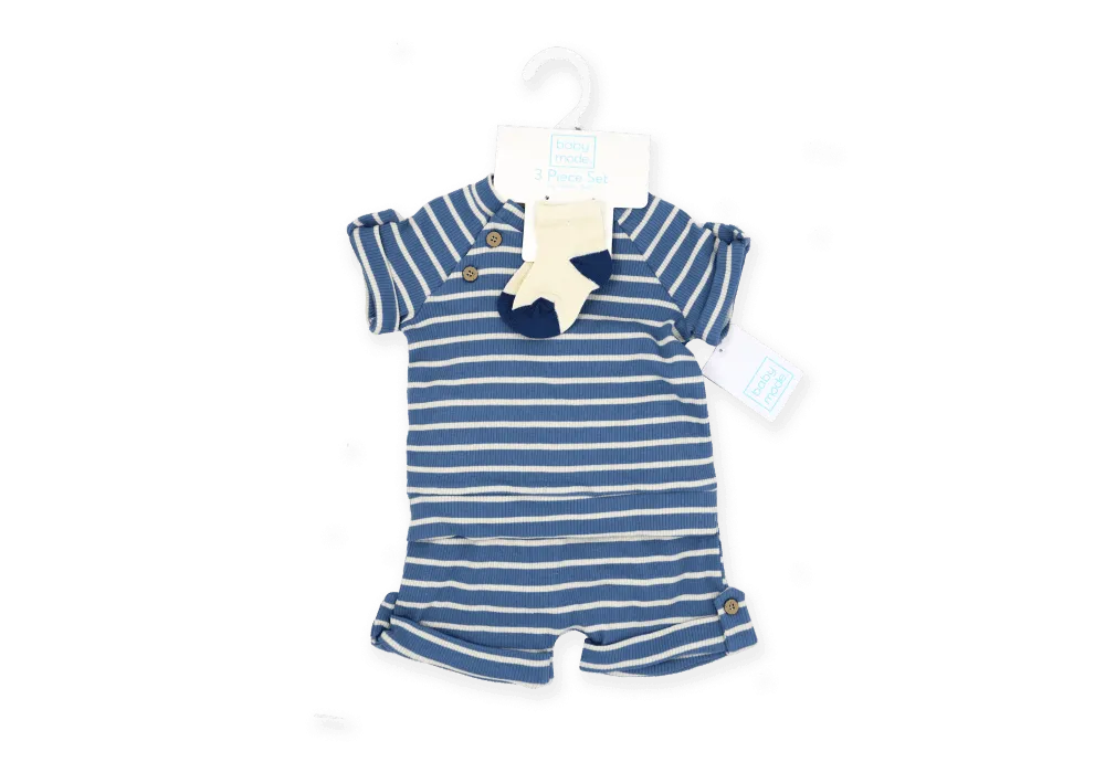 Baby Mode Boys NB 3 Piece Ribbed Short Set: Blue Stripe