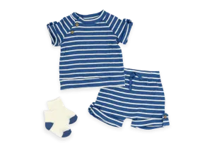 Baby Mode Boys NB 3 Piece Ribbed Short Set: Blue Stripe