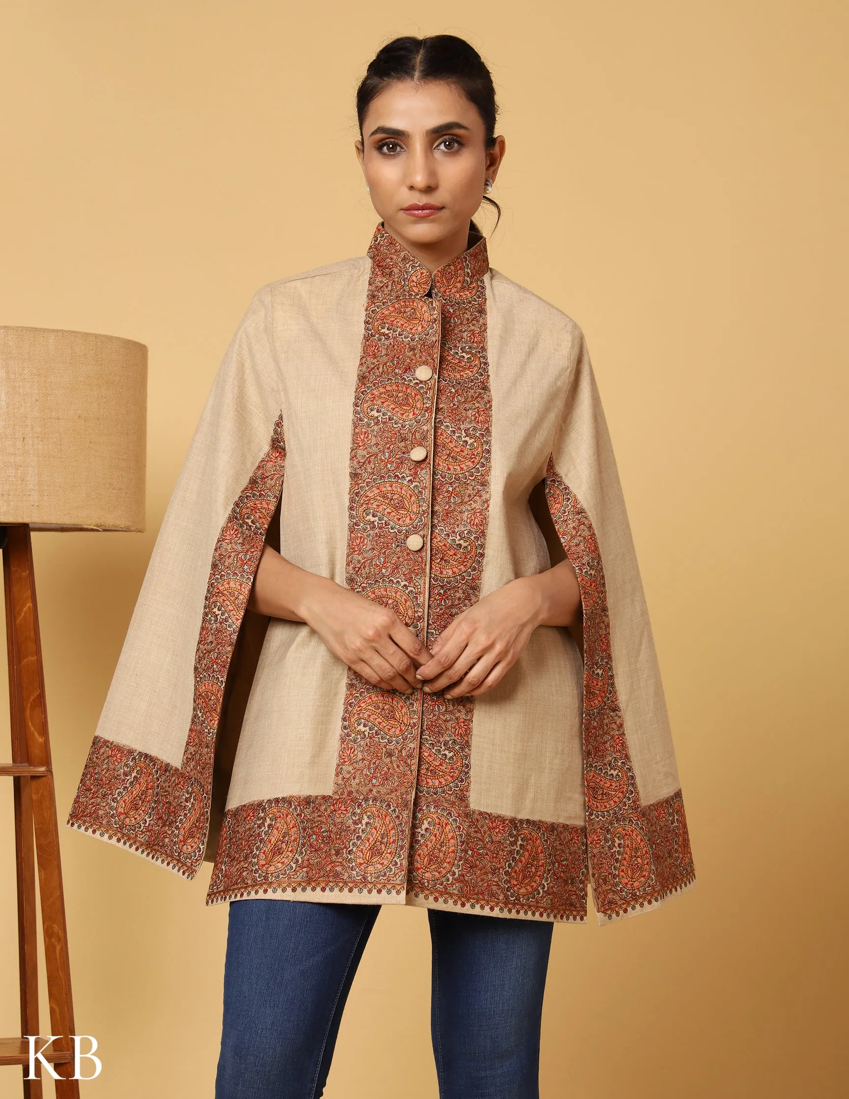 Beige Luxe Sozni Zari Woolen Cape Jacket