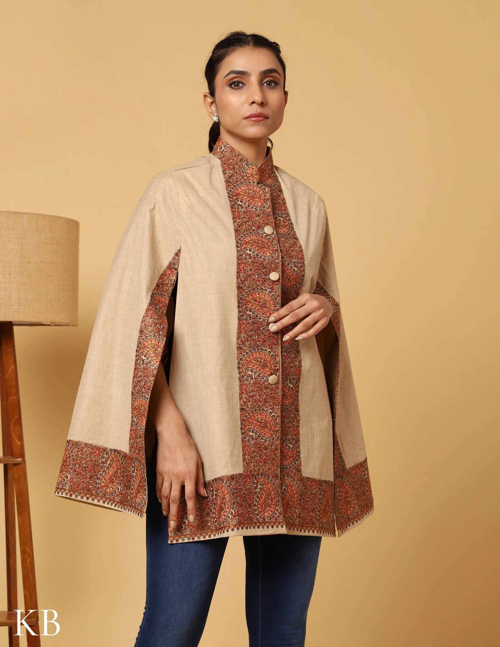 Beige Luxe Sozni Zari Woolen Cape Jacket