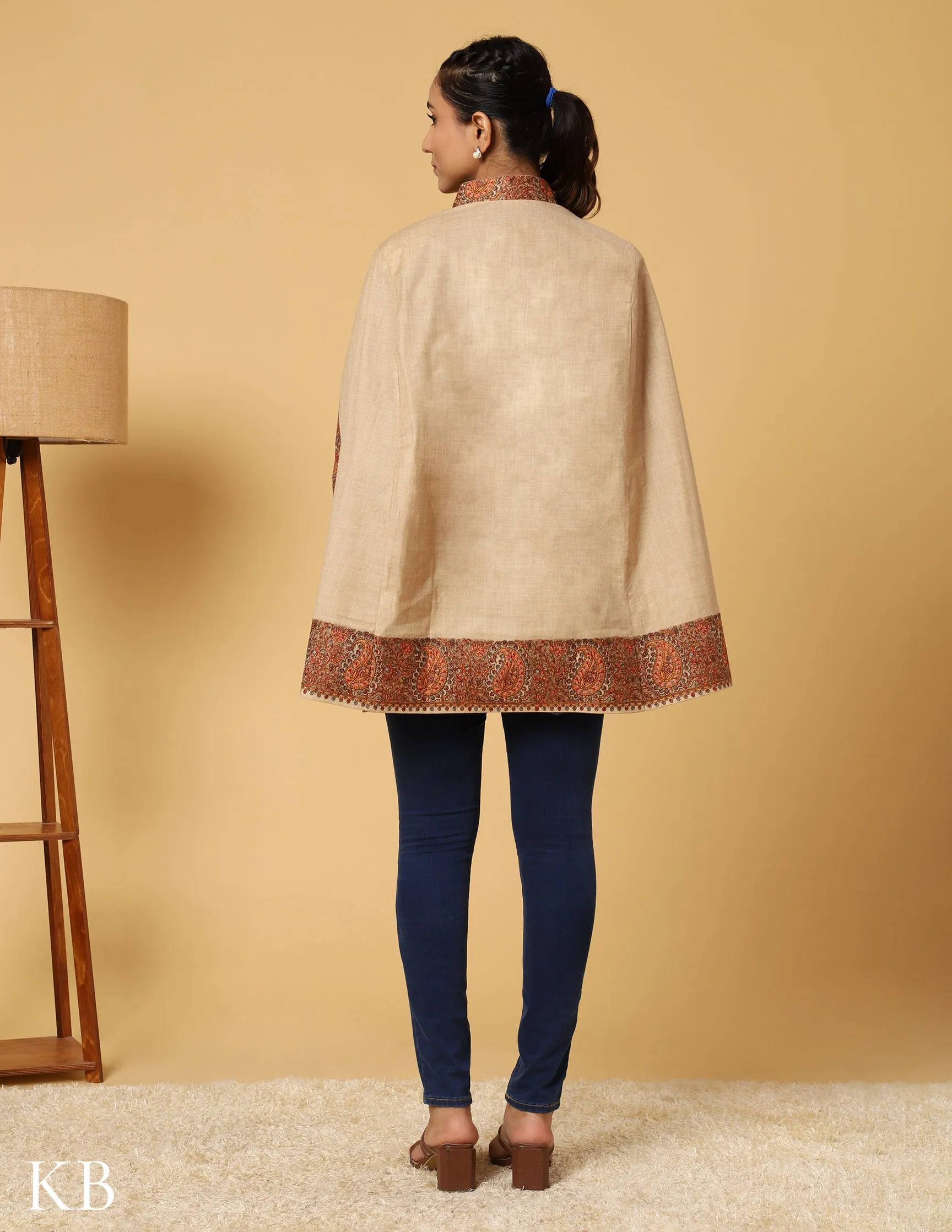 Beige Luxe Sozni Zari Woolen Cape Jacket