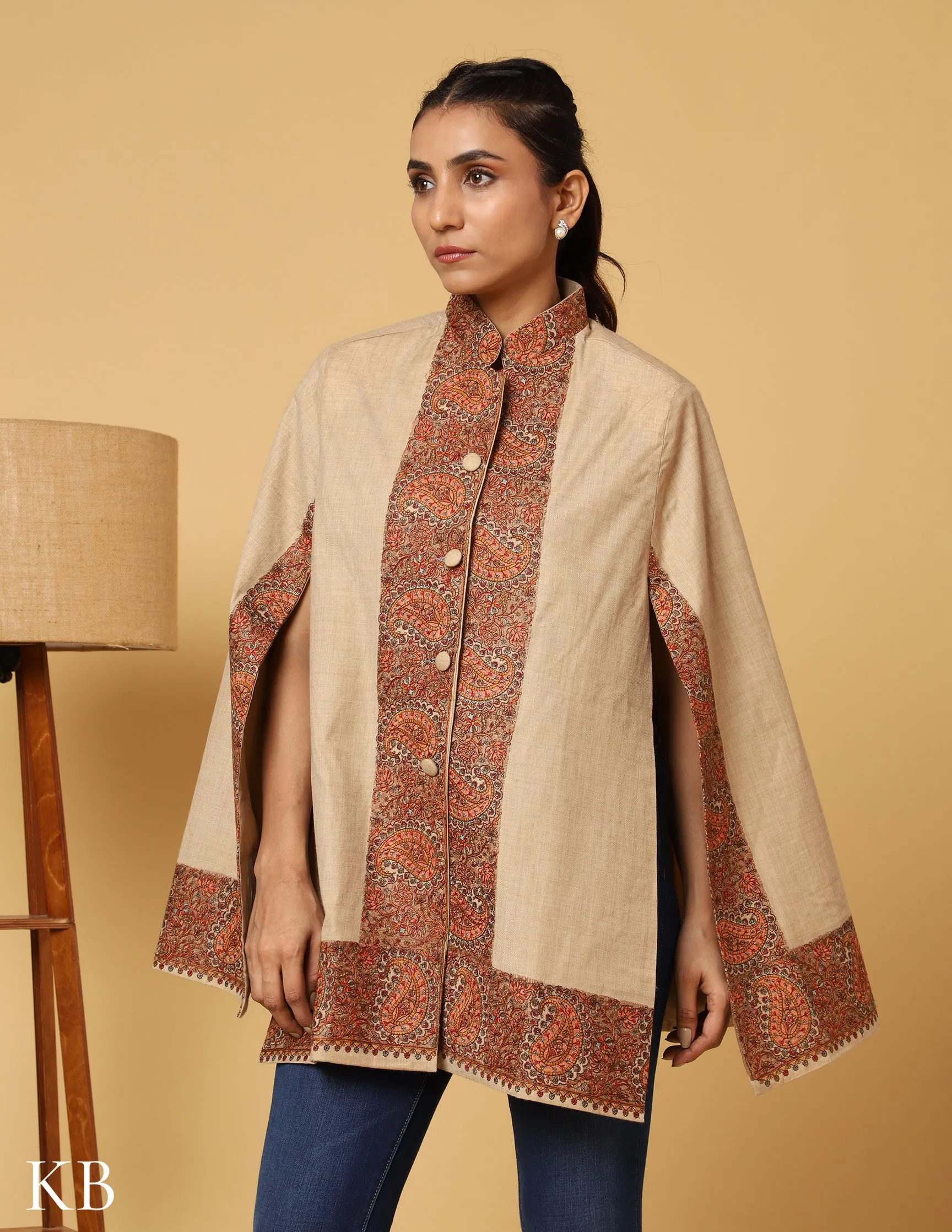 Beige Luxe Sozni Zari Woolen Cape Jacket