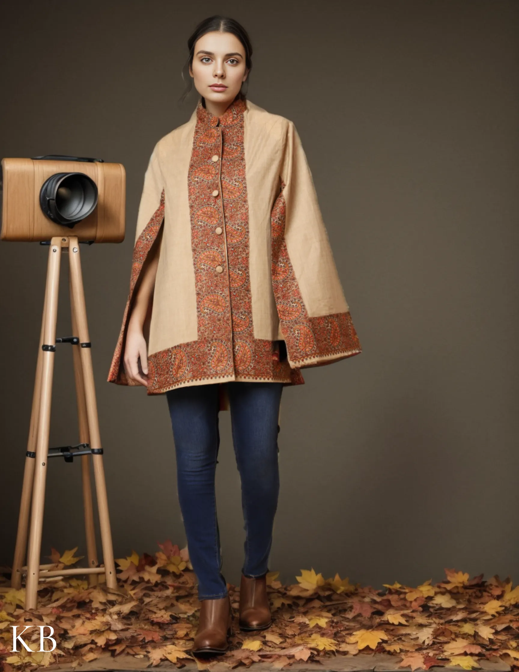 Beige Luxe Sozni Zari Woolen Cape Jacket