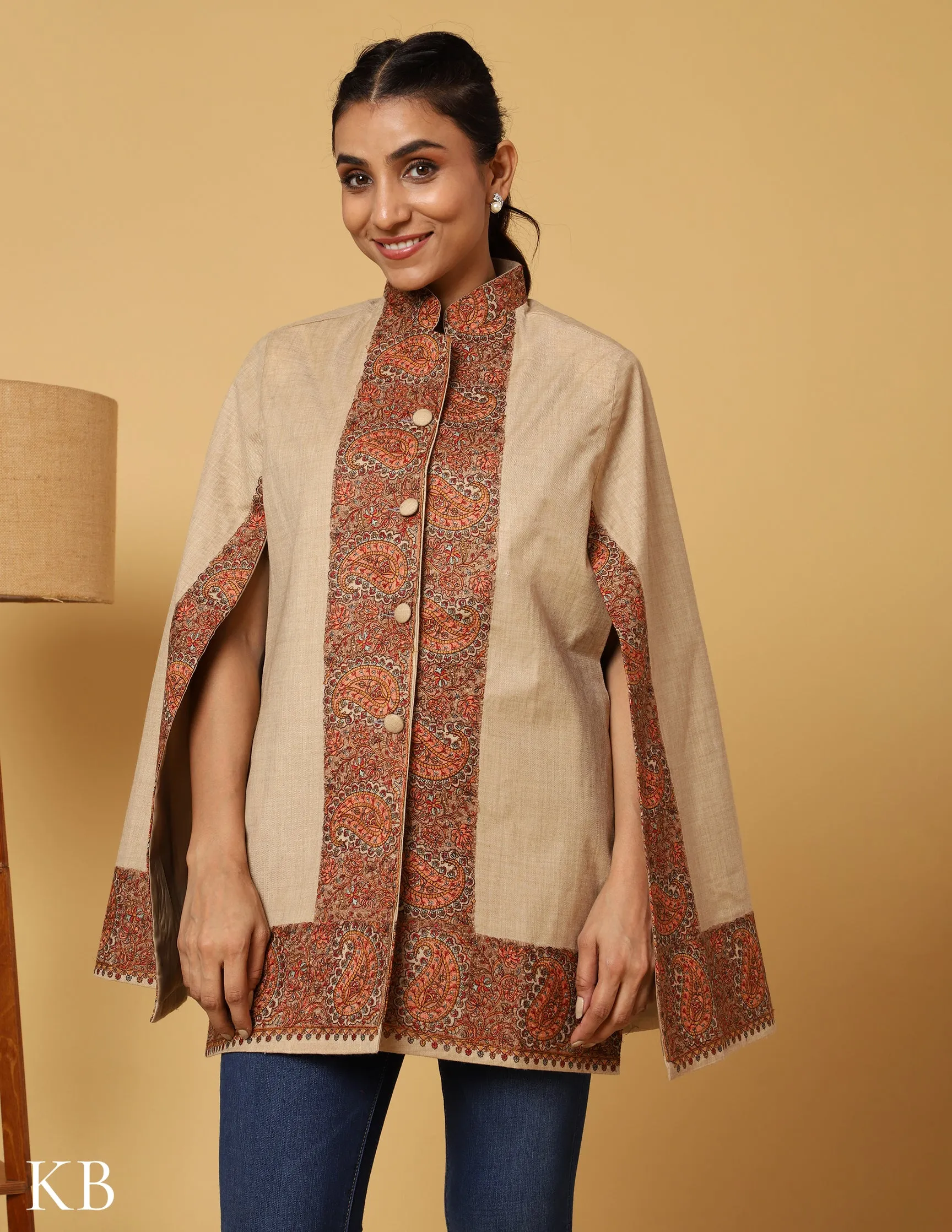 Beige Luxe Sozni Zari Woolen Cape Jacket