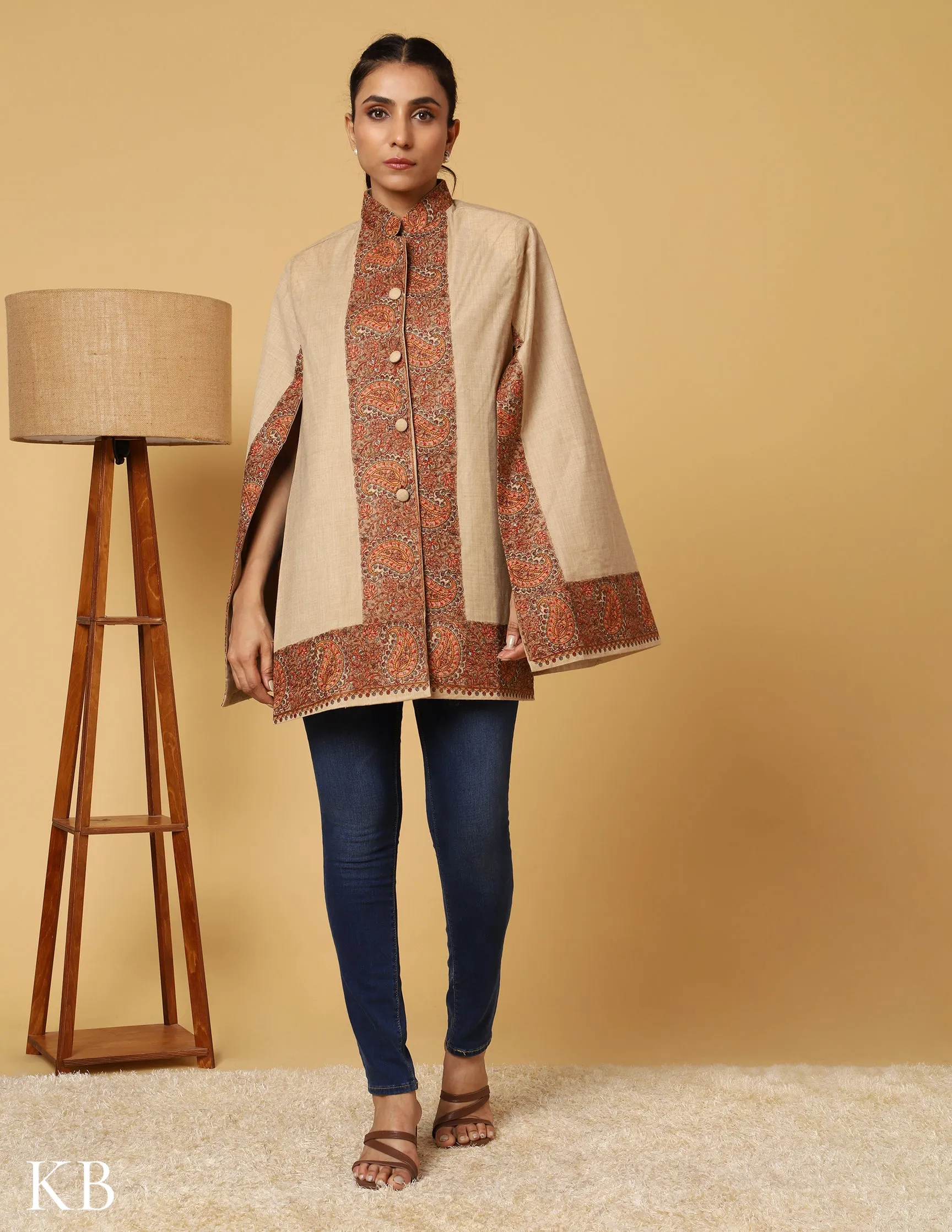 Beige Luxe Sozni Zari Woolen Cape Jacket