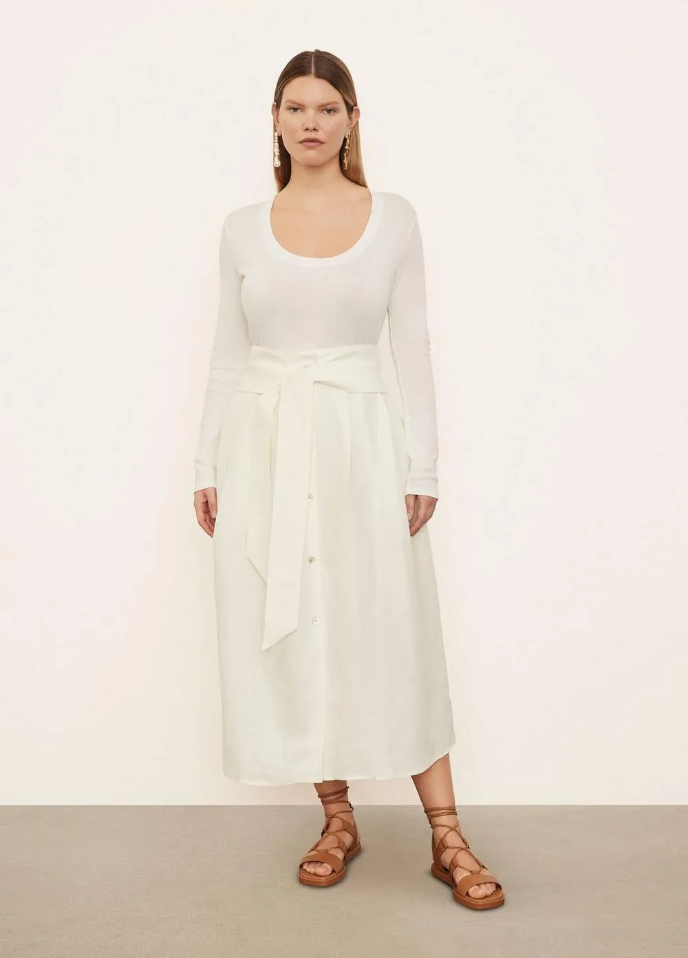 Belted Button Front Skirt in Off White