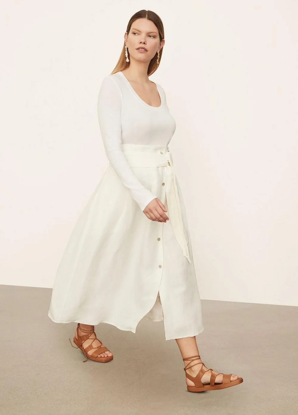 Belted Button Front Skirt in Off White