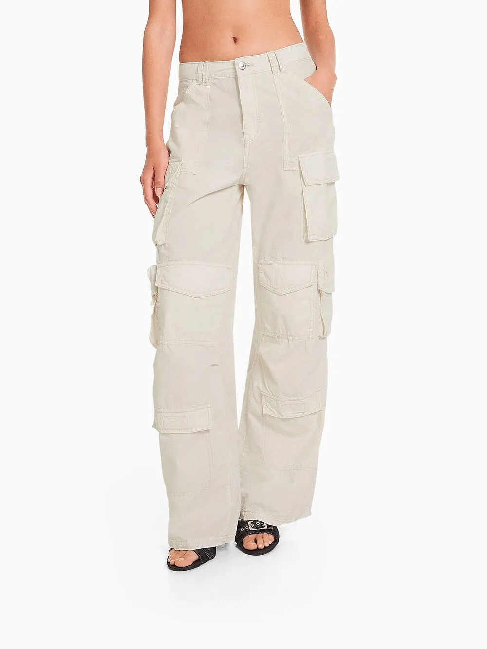 Bershka loose fit cargo pants, white