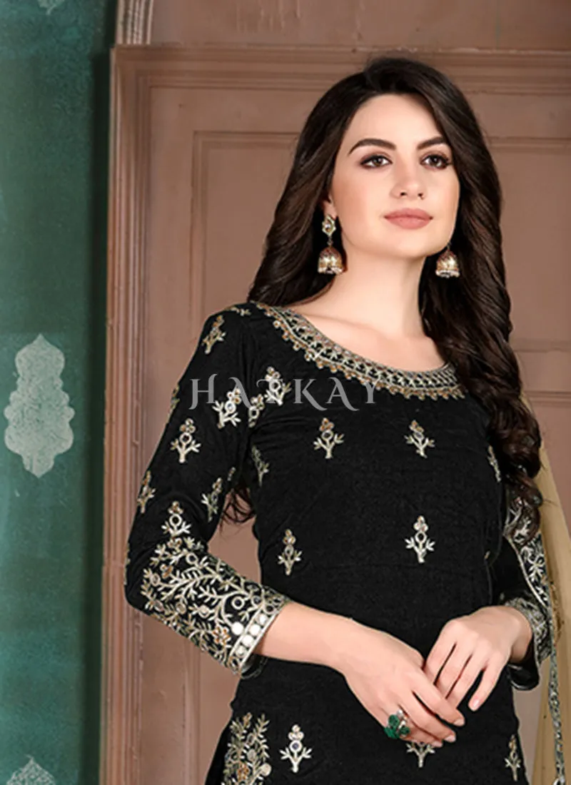 Black Mirror Work Silk Punjabi Patiala Suit