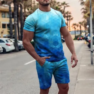 Blue Gradient Printed Round Collar Short Sleeve Suit