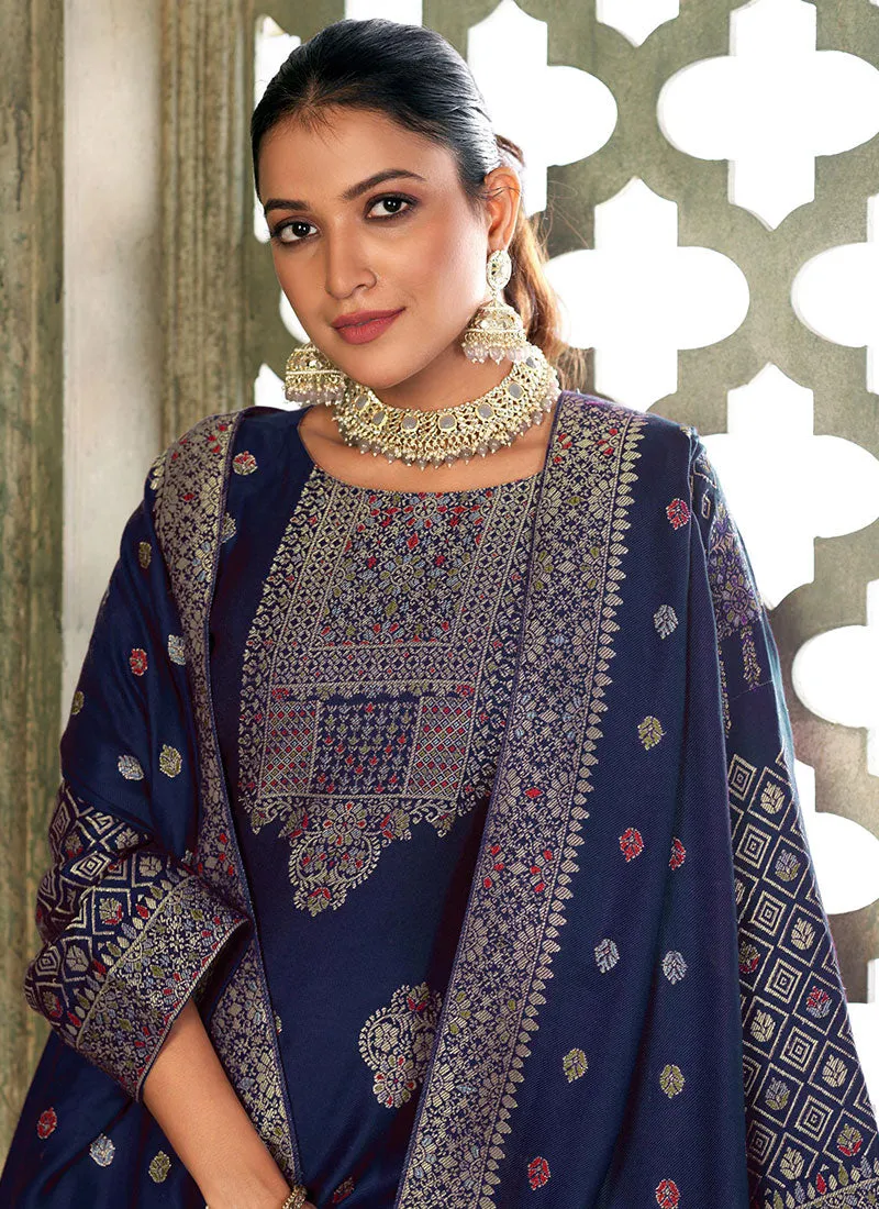 Blue Multi Embroidery Pashmina Salwar Kameez Suit