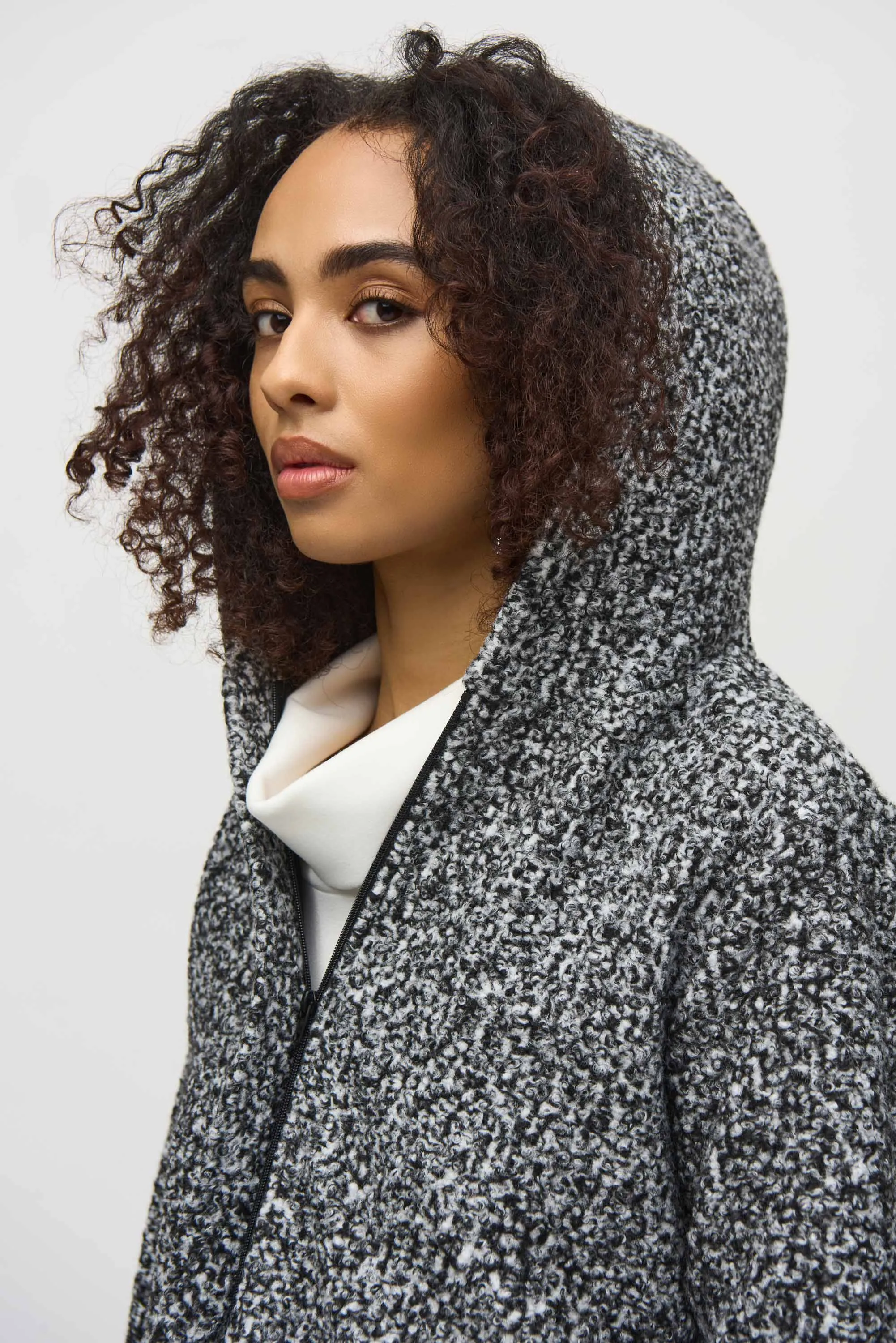 BOUCLE KNIT HOODIE COAT