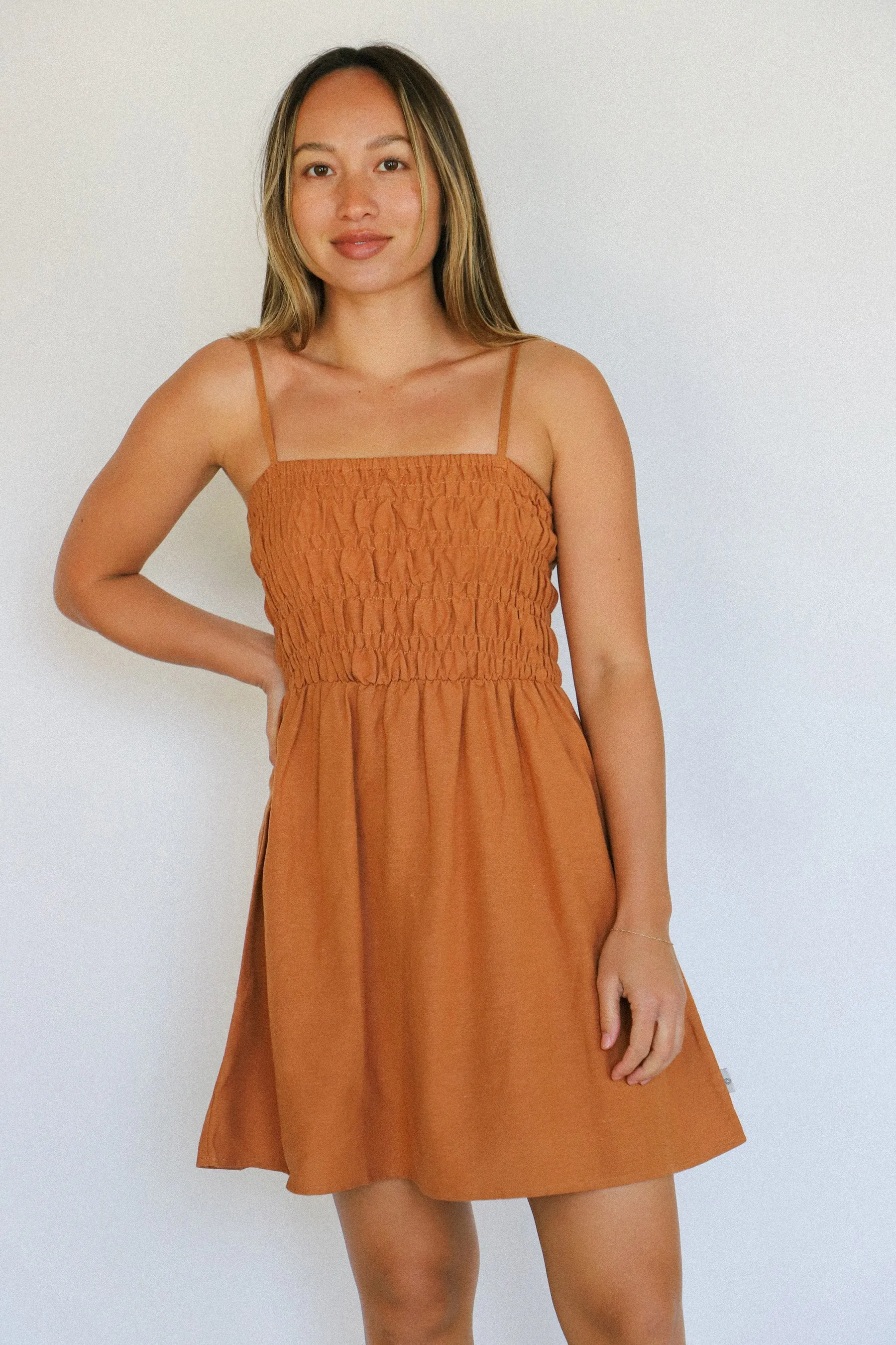 Caramel Classic Shirred Mini Dress