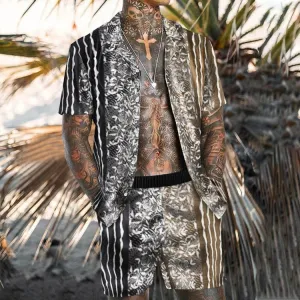 Casual Black and Brown Geometric Print Beach Suit