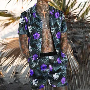 Casual Black and Purple Floral Print Holiday Polo Suit