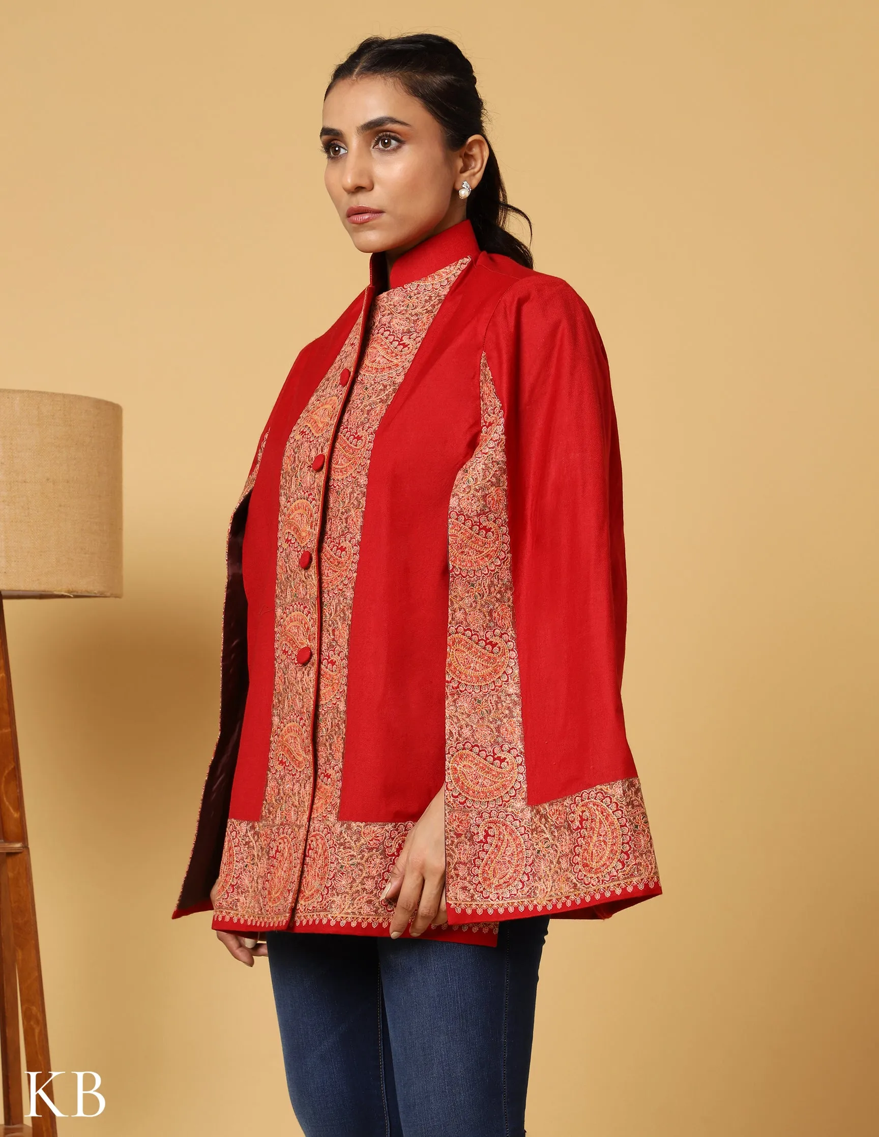 Chilli Red Sozni Zai Woolen Cape Jacket.