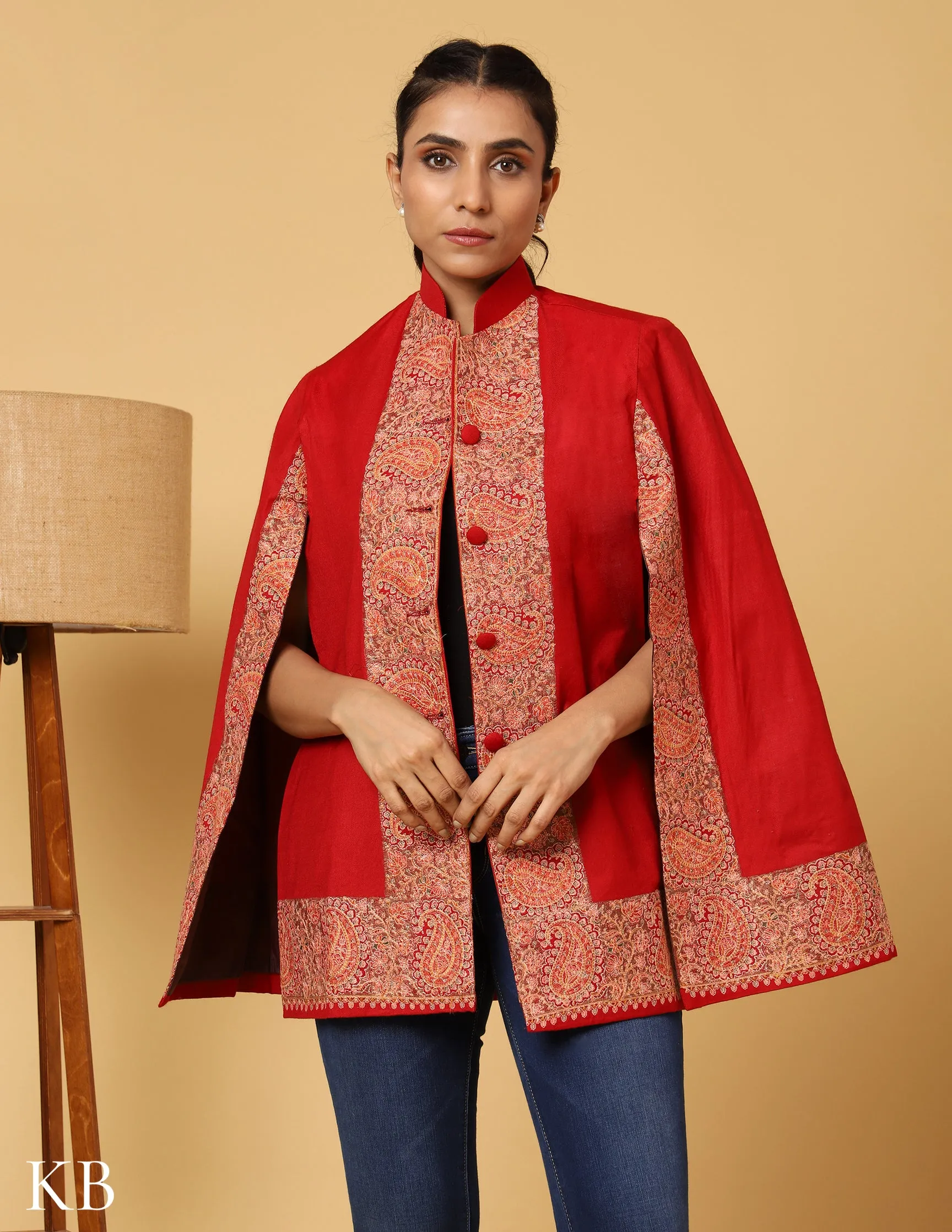 Chilli Red Sozni Zai Woolen Cape Jacket.