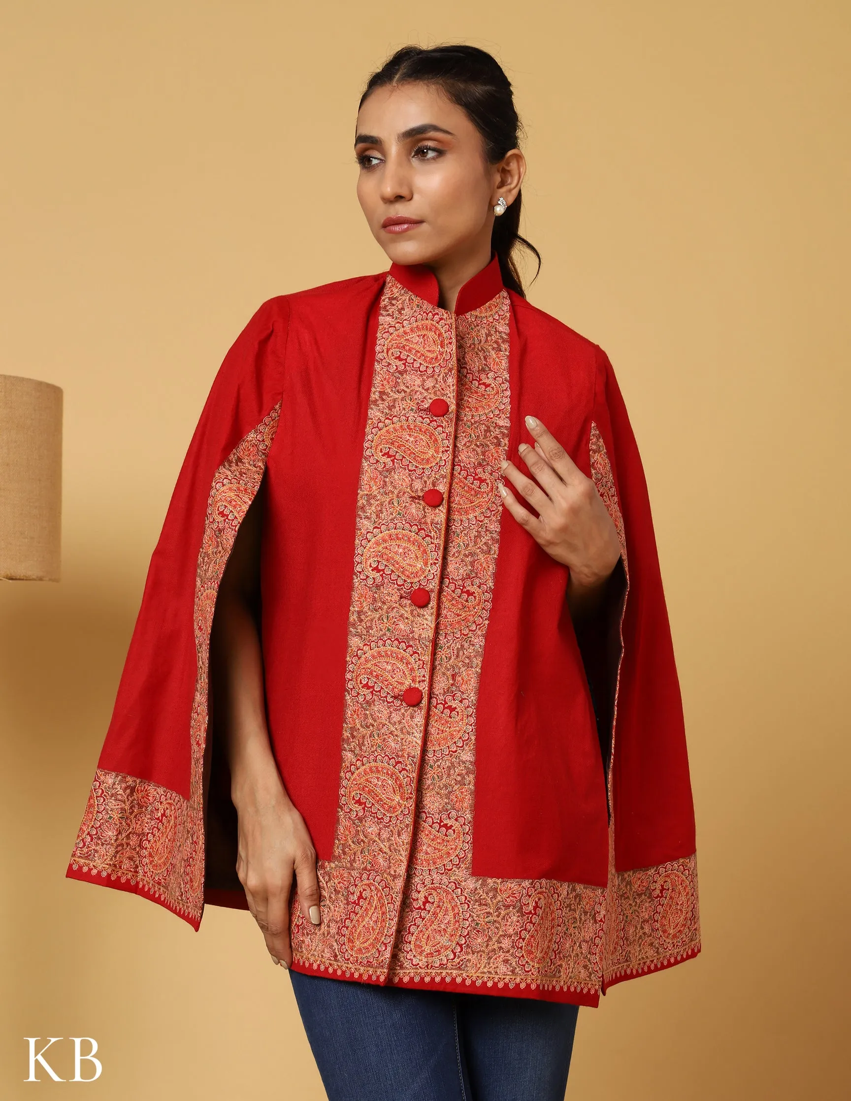 Chilli Red Sozni Zai Woolen Cape Jacket.