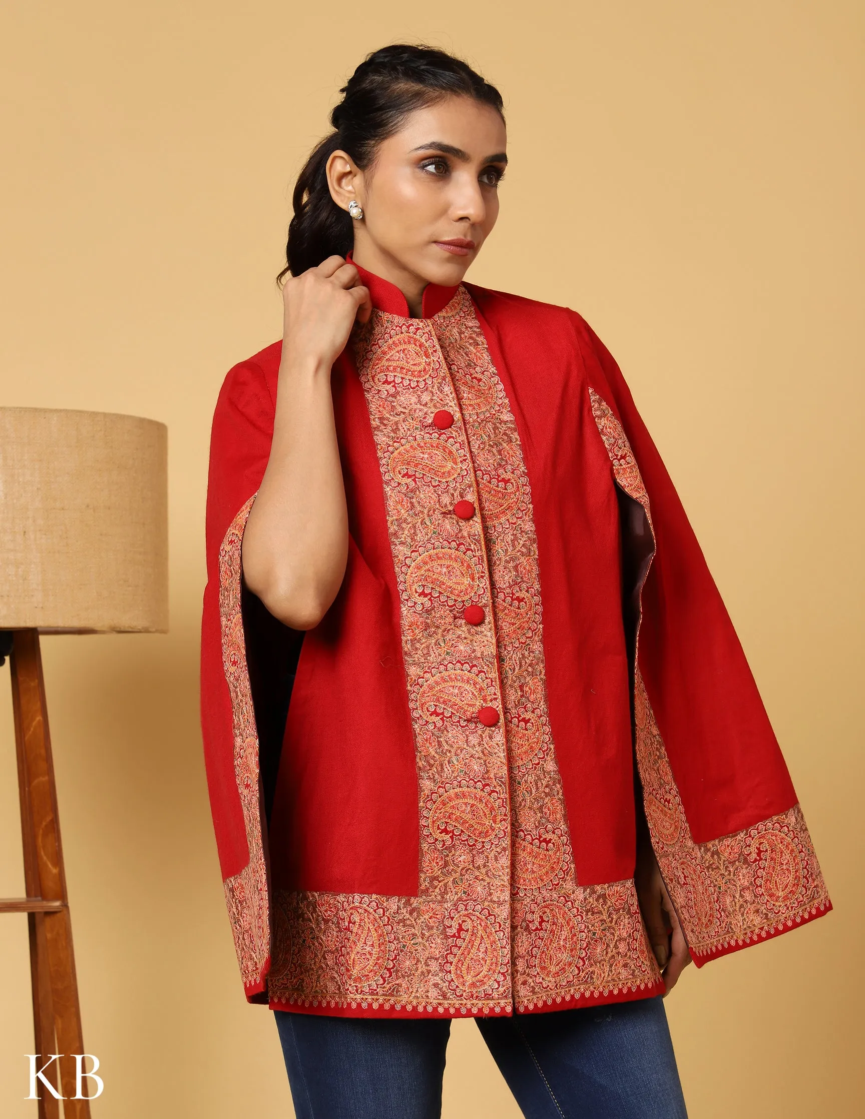 Chilli Red Sozni Zai Woolen Cape Jacket.