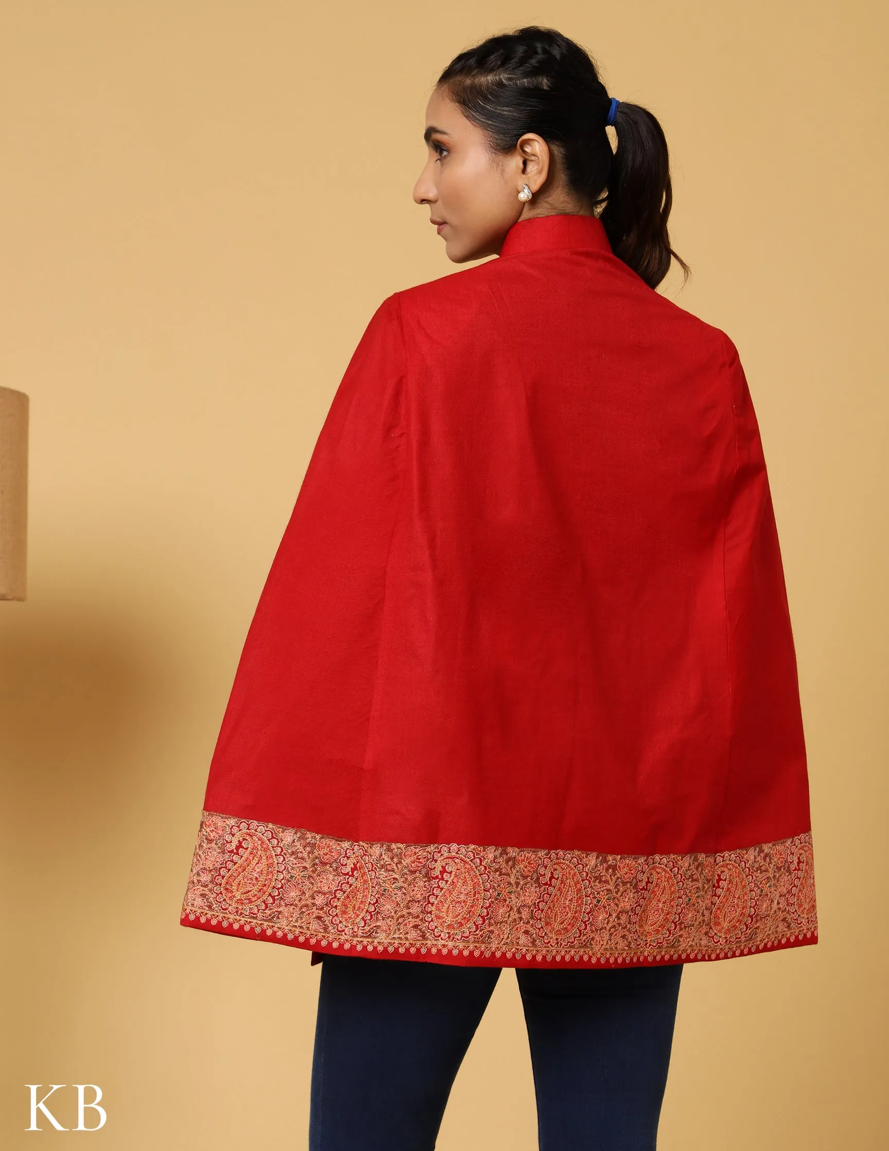 Chilli Red Sozni Zai Woolen Cape Jacket.