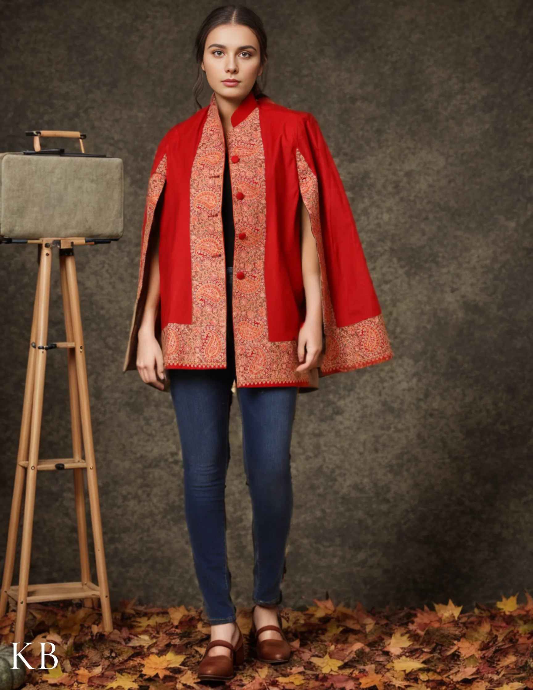 Chilli Red Sozni Zai Woolen Cape Jacket.