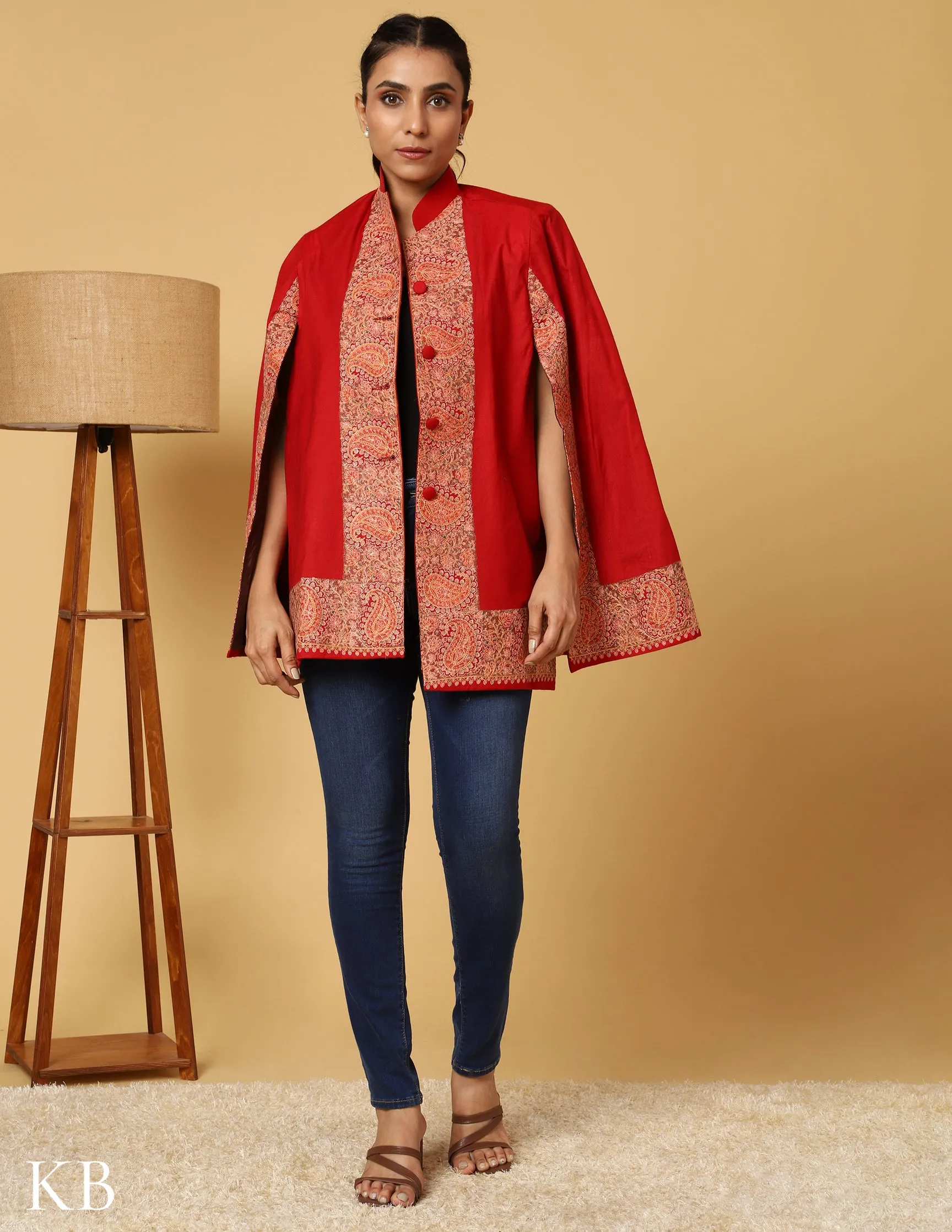 Chilli Red Sozni Zai Woolen Cape Jacket.