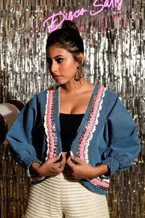 Denim Jacket with Pink Sequin & Lace Detail