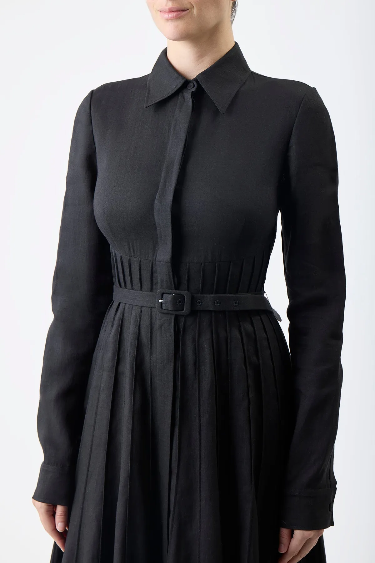 Dewi Pleated Maxi Shirtdress in Black Aloe Linen