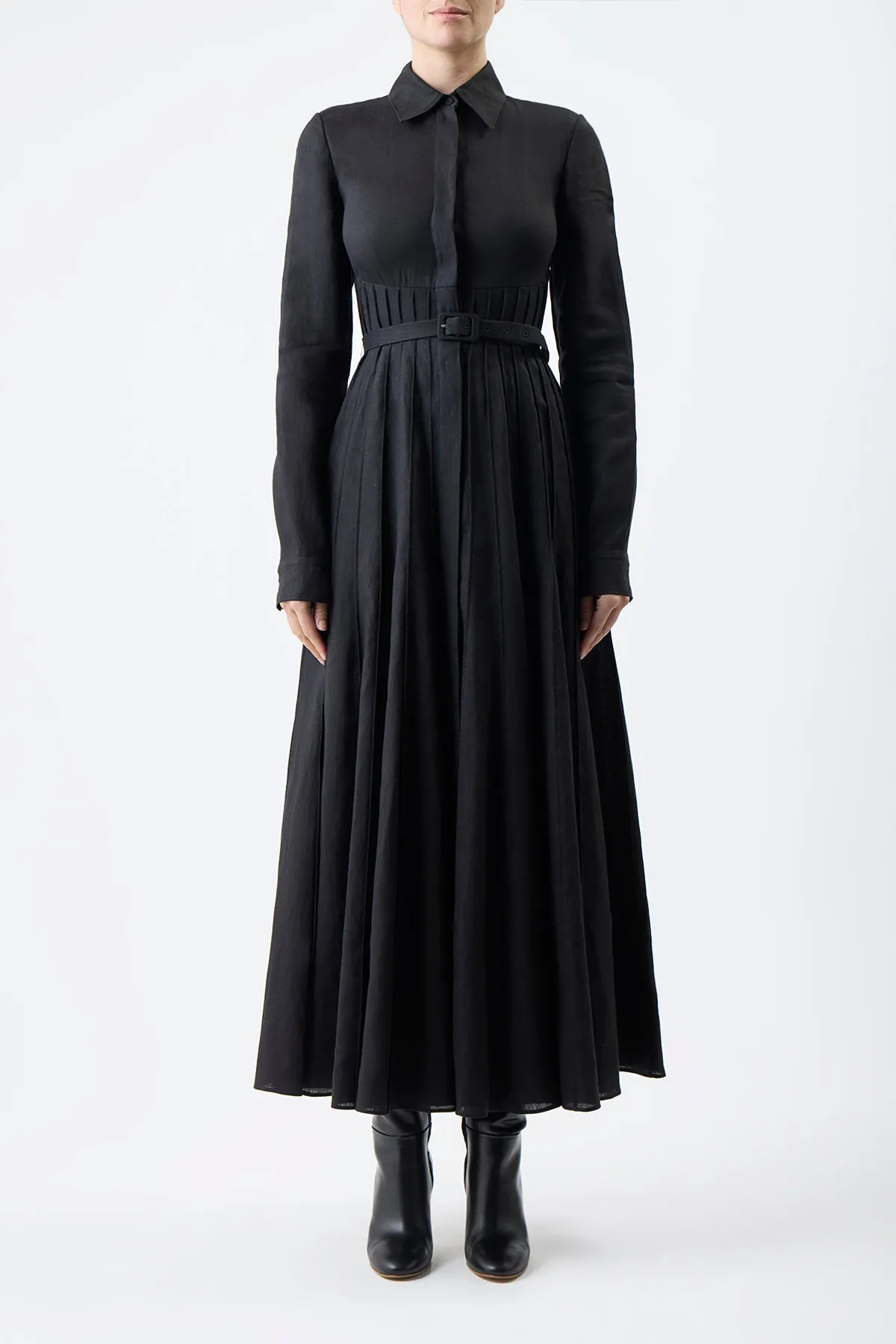 Dewi Pleated Maxi Shirtdress in Black Aloe Linen