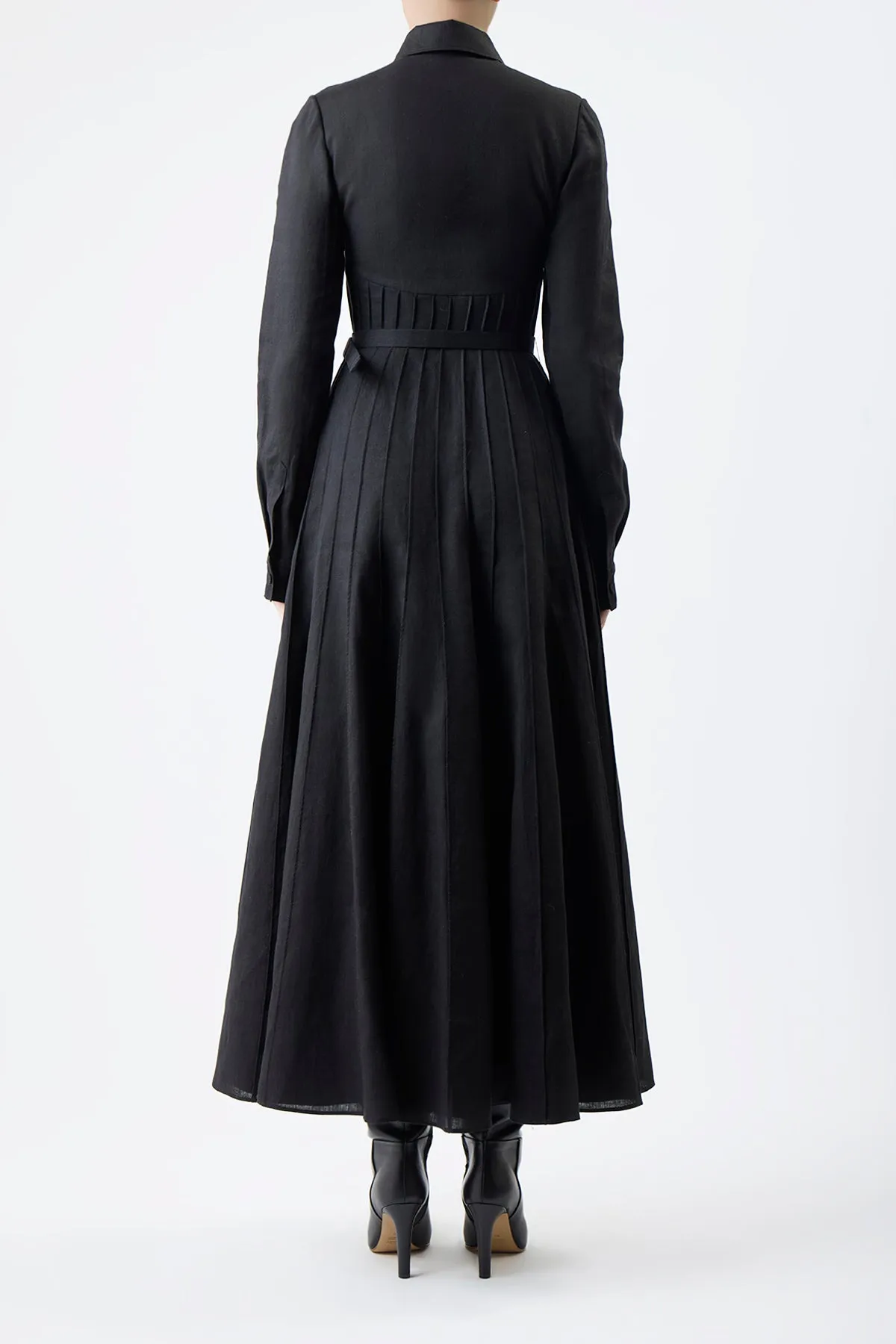 Dewi Pleated Maxi Shirtdress in Black Aloe Linen