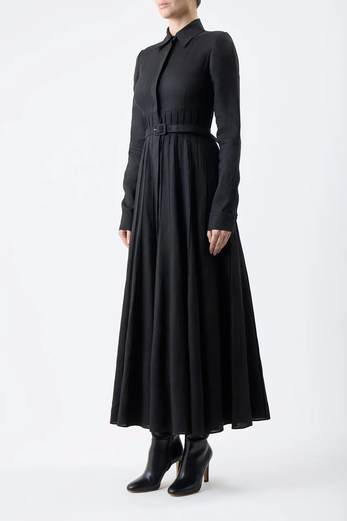 Dewi Pleated Maxi Shirtdress in Black Aloe Linen