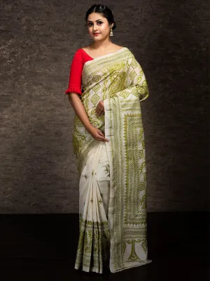 Elegant Par Anchal Buti Kantha Stitch Tussar Silk Saree