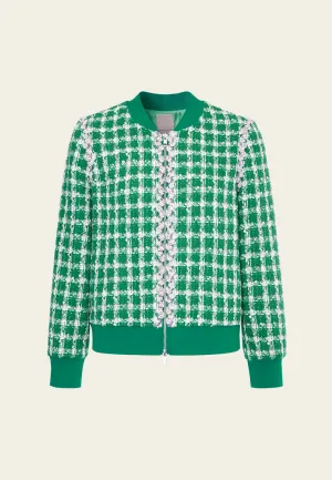 Emerald Green Check Tweed Bomber Jacket