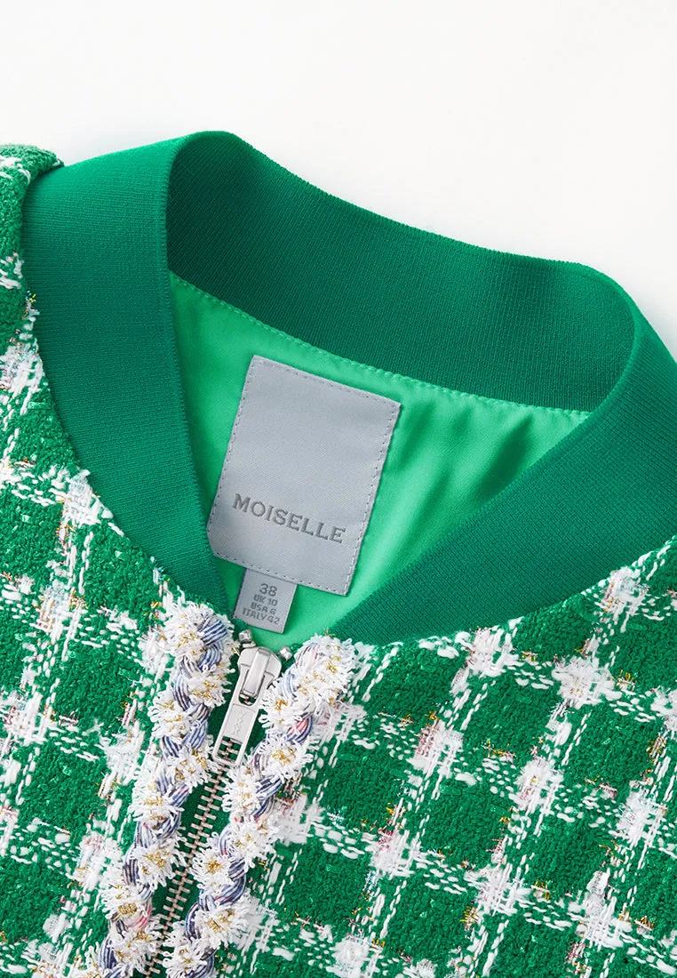 Emerald Green Check Tweed Bomber Jacket