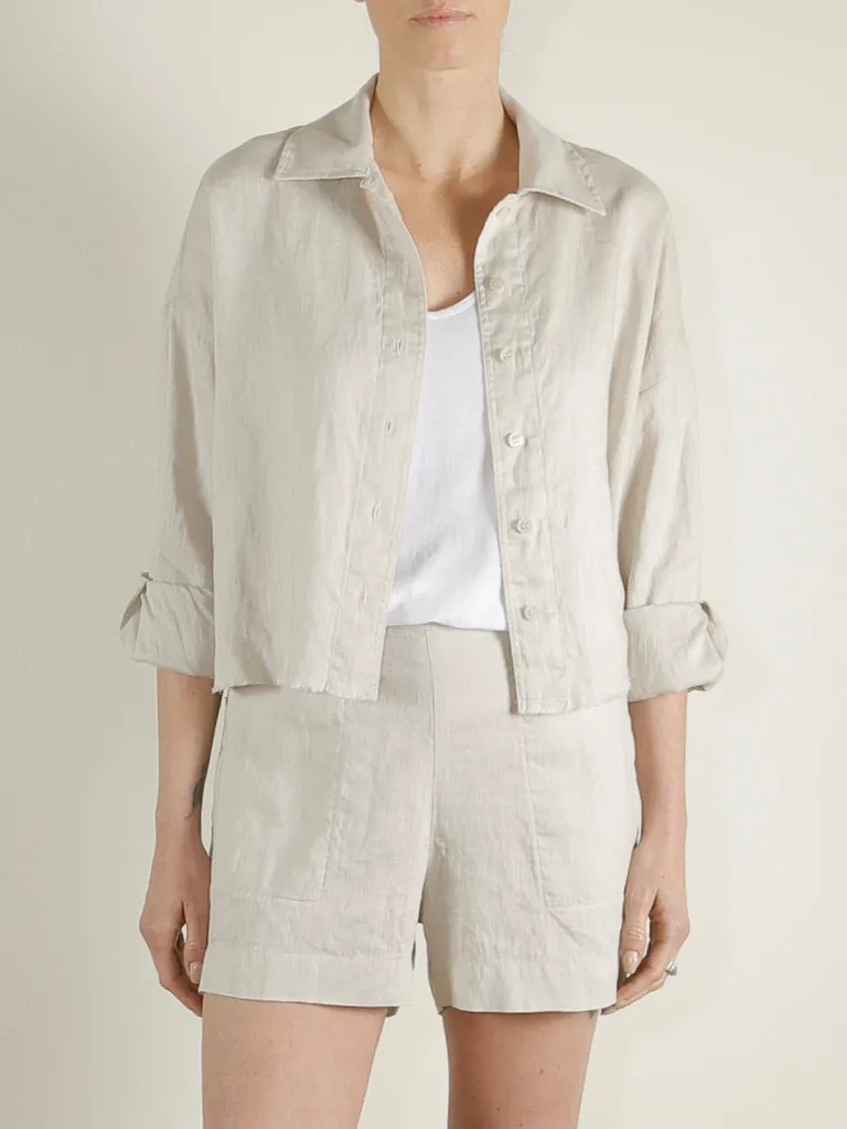 Esme Crop Shirt in French Linen - Cement