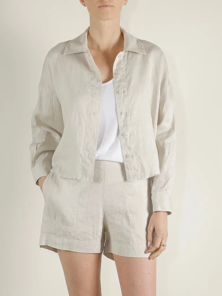 Esme Crop Shirt in French Linen - Cement