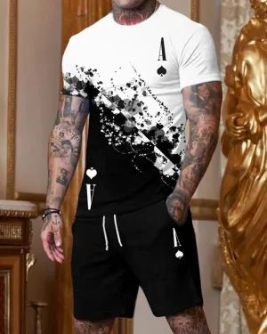 Fashion Black and White Poker Printed Short Sleeve Round Collar Suit