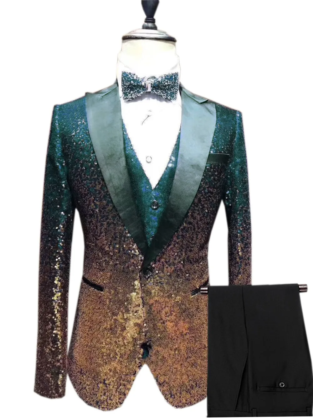 Fashion Gradient Sequined Tuxedo Peak lapel Men's Suit (Blazer   Vest   Pants)