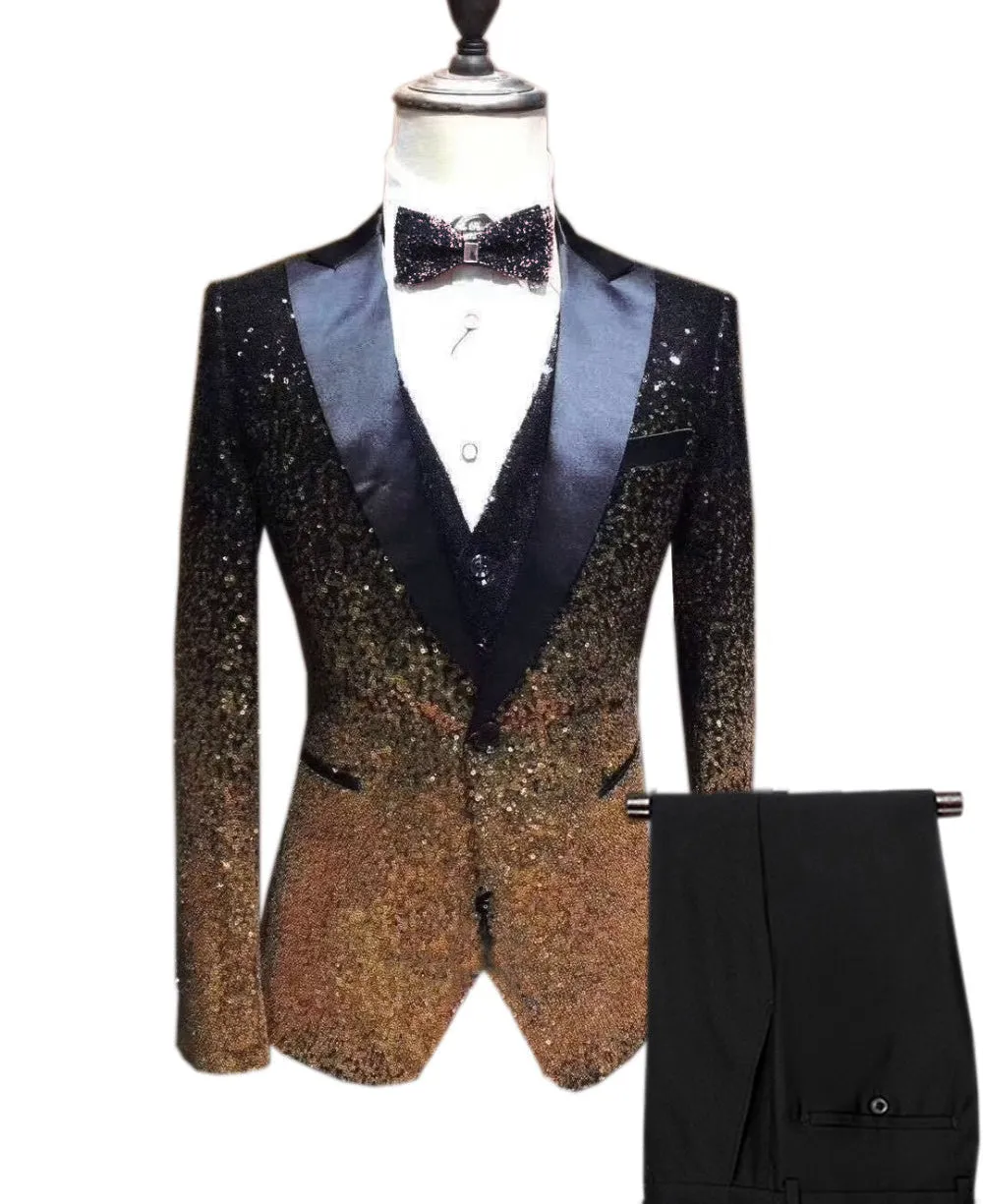 Fashion Gradient Sequined Tuxedo Peak lapel Men's Suit (Blazer   Vest   Pants)