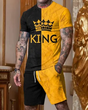 Fashion Yellow and Black KING Printed Short Sleeve Round Collar Suit