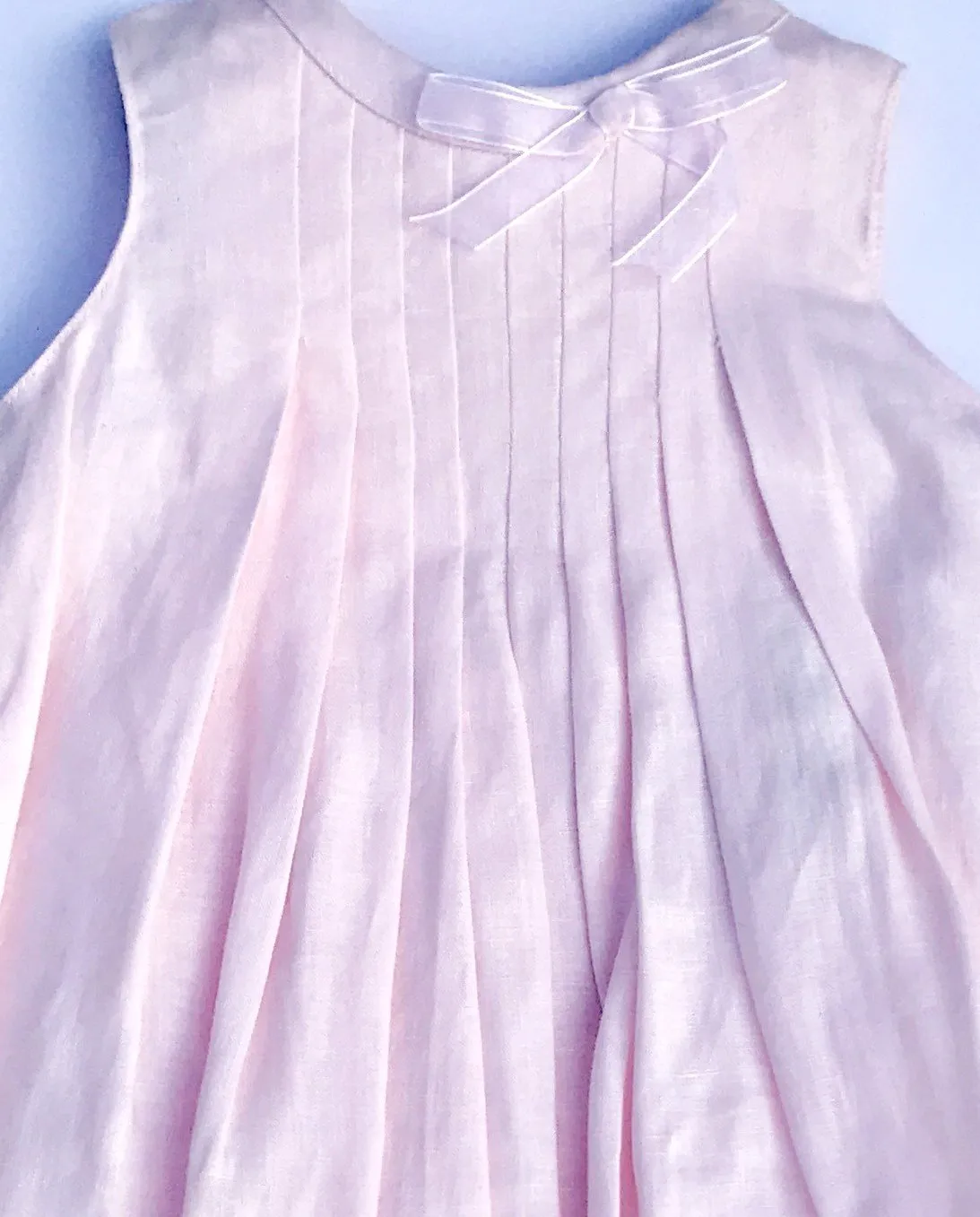 Floriane of France Girls Sleeveless Pale Pink Dressy Linen Dress With Dipper Cover