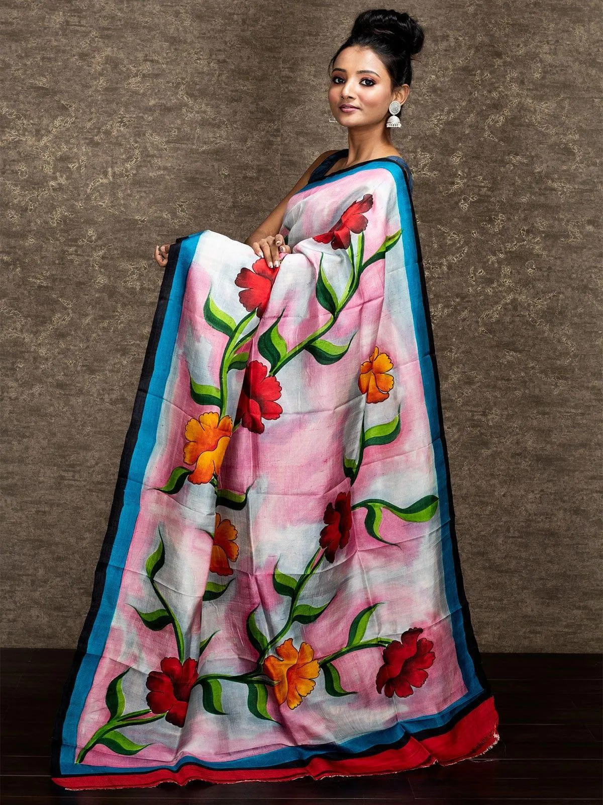 Flower Motif Par Anchal Hand Painted Murshidabad Silk Saree