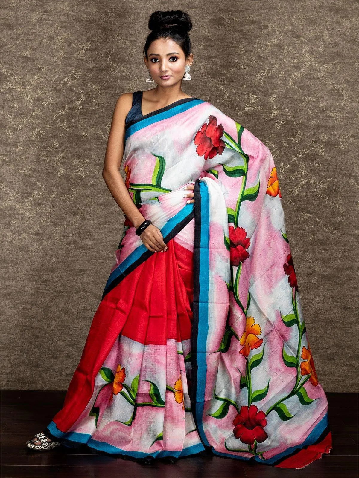 Flower Motif Par Anchal Hand Painted Murshidabad Silk Saree