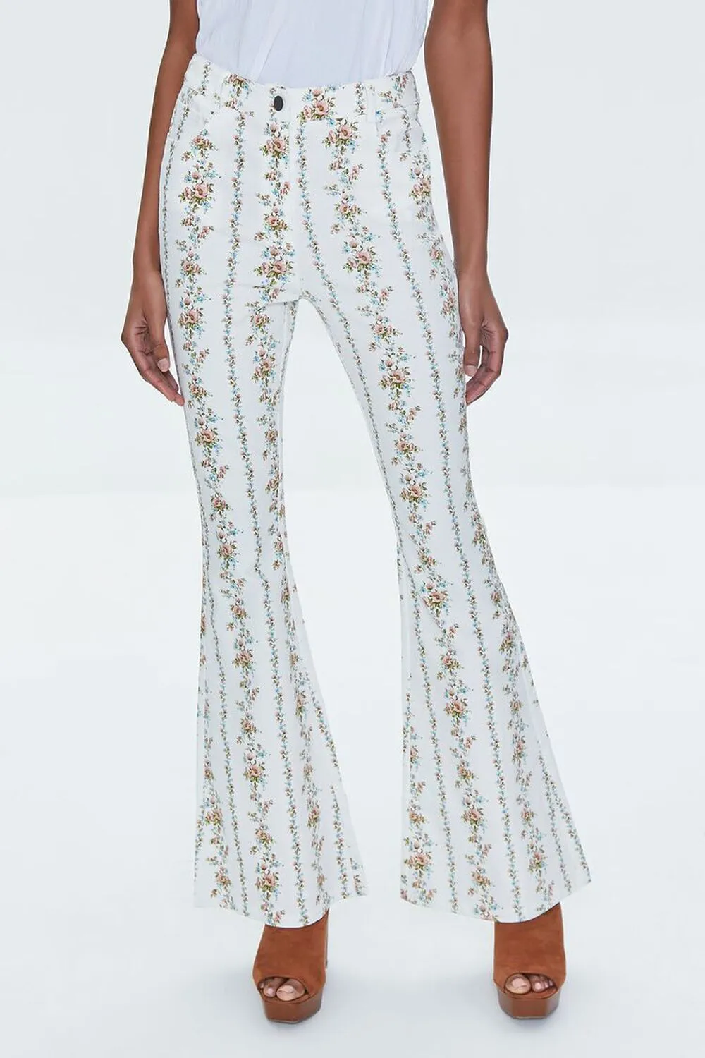 Forever 21 Floral High Waist Flare Pants, White