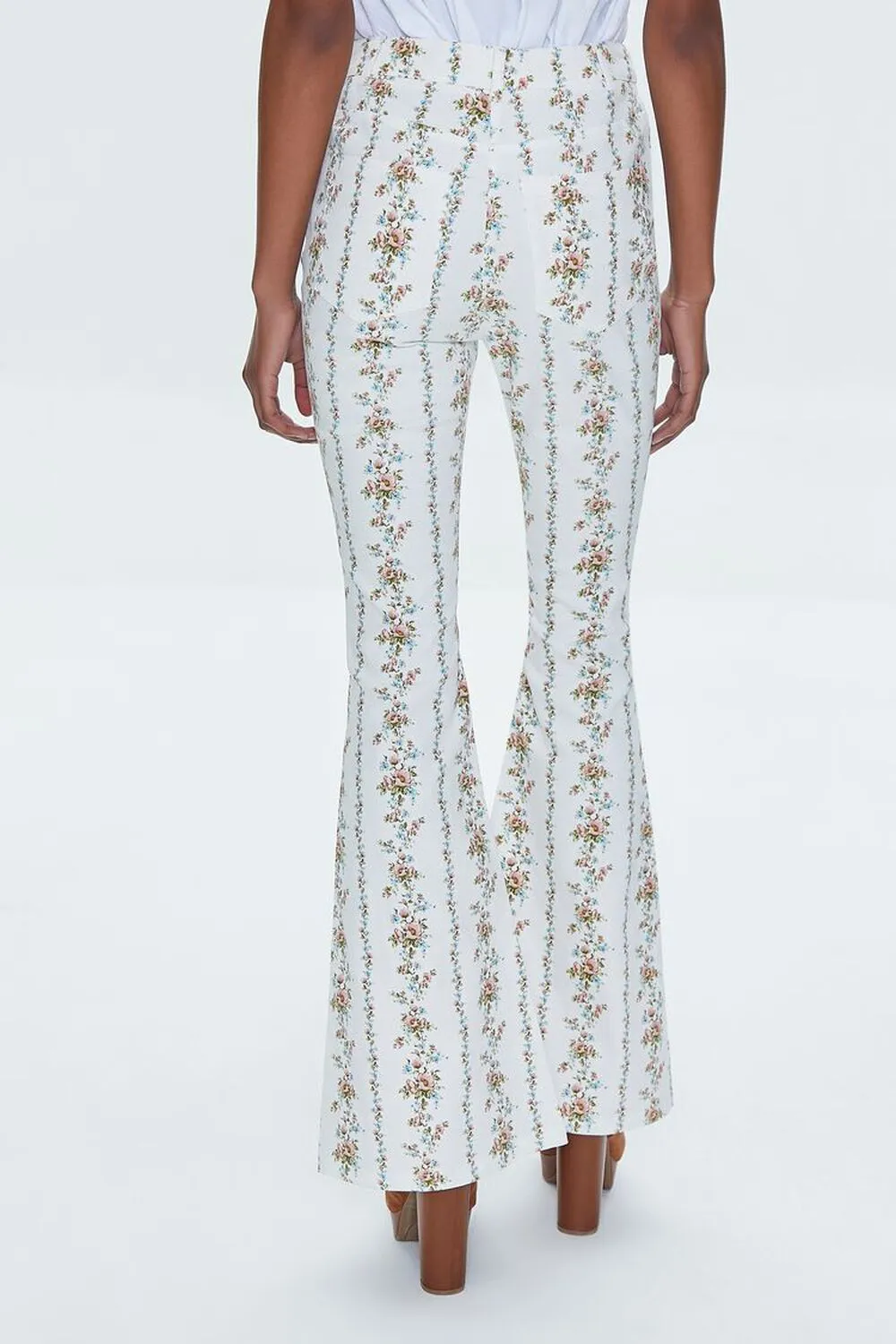 Forever 21 Floral High Waist Flare Pants, White