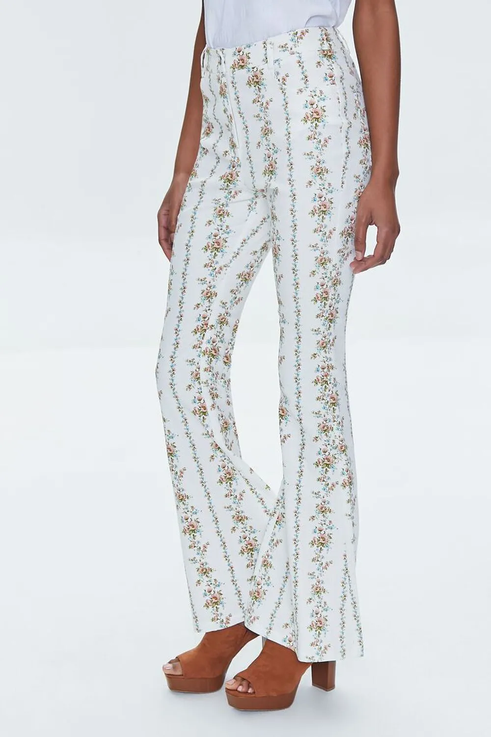 Forever 21 Floral High Waist Flare Pants, White