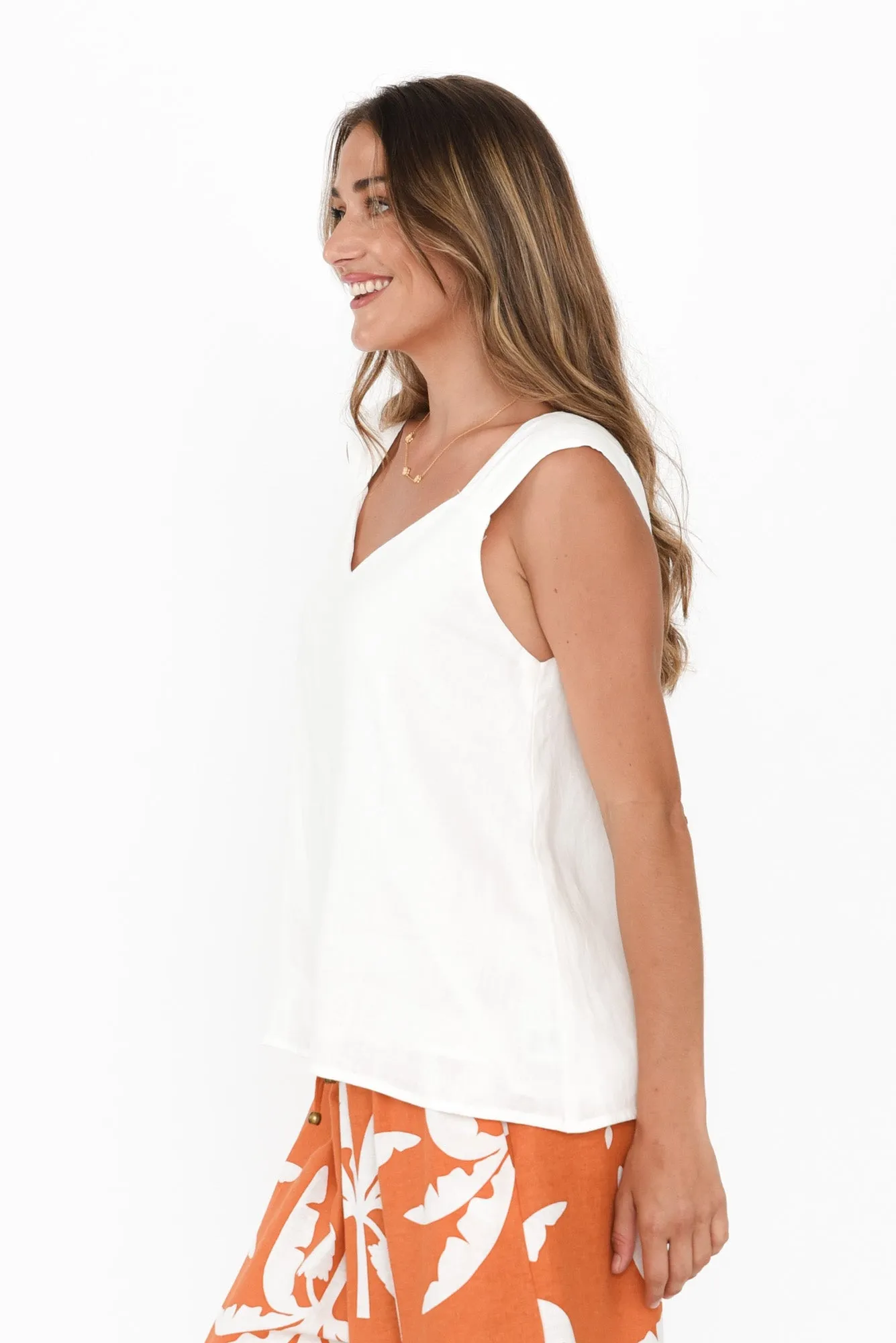 Glide White Linen V Neck Tank